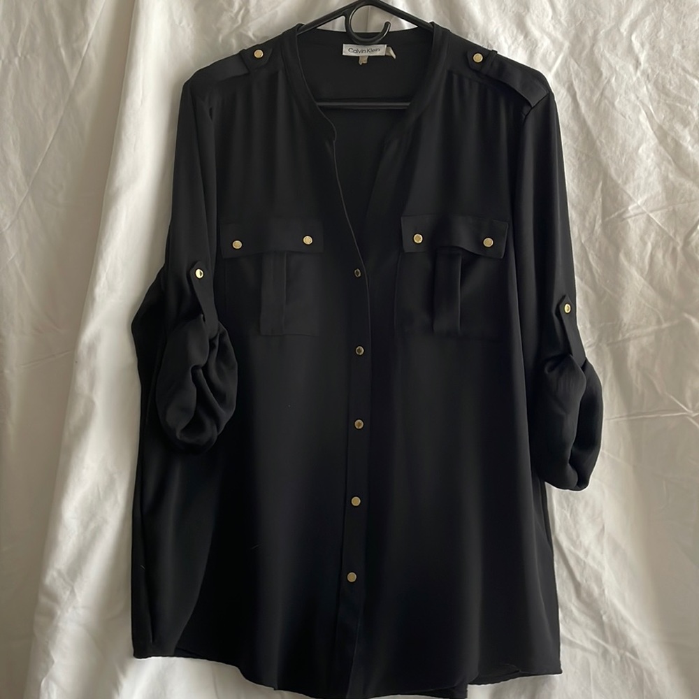 Calvin Klein V-neck long sleeve black blouse